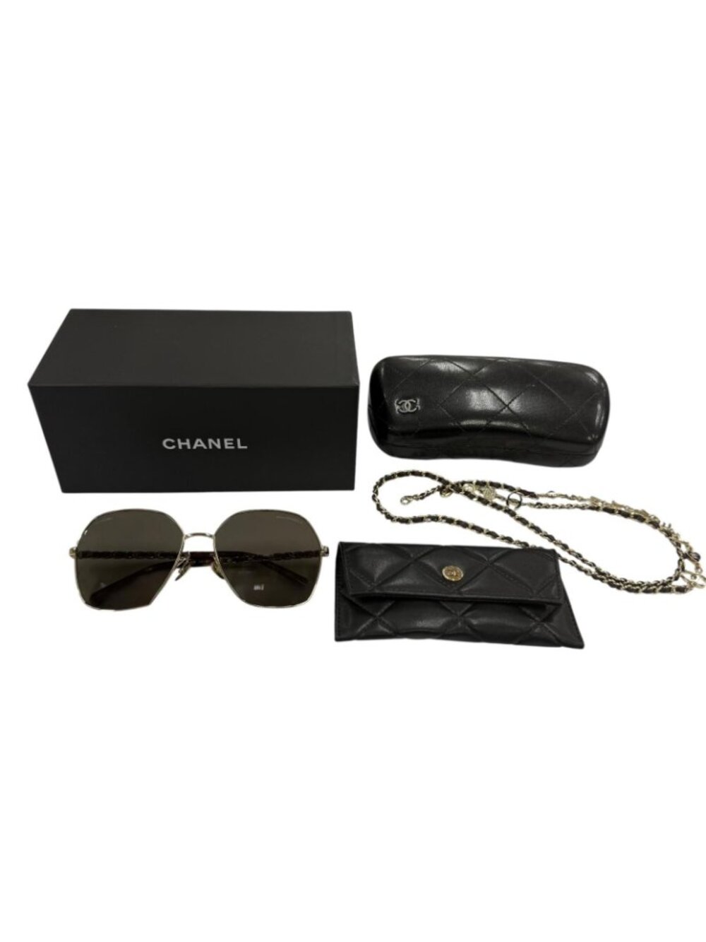Chanel CC Logo Hexagon Chain Sunglasses Gold Black Demo Lens Eyewear - Picture 2 of 16